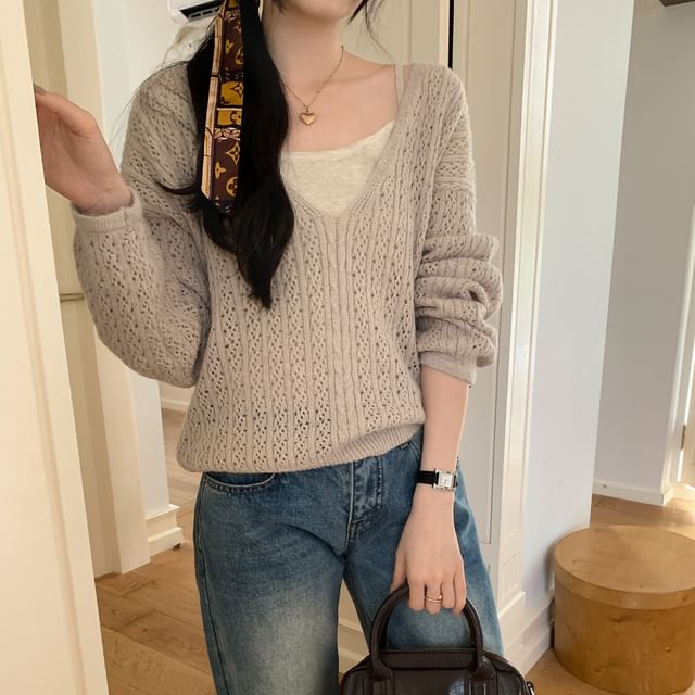 Scoop Neck Pointelle Sweater and Camisole Set