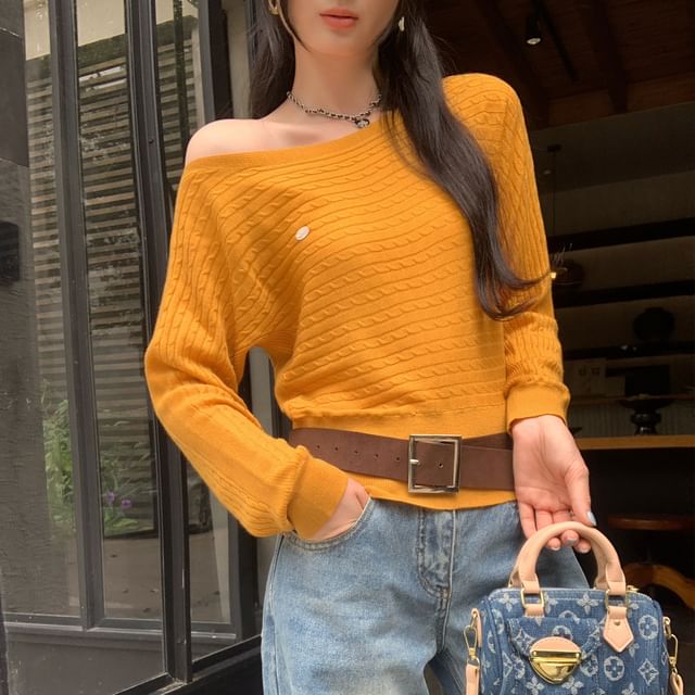 Cable Knit Off-Shoulder Sweater in Solid Tone