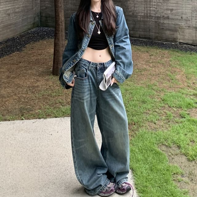 Washed Denim Shirt and Low-Rise Wide-Leg Jeans