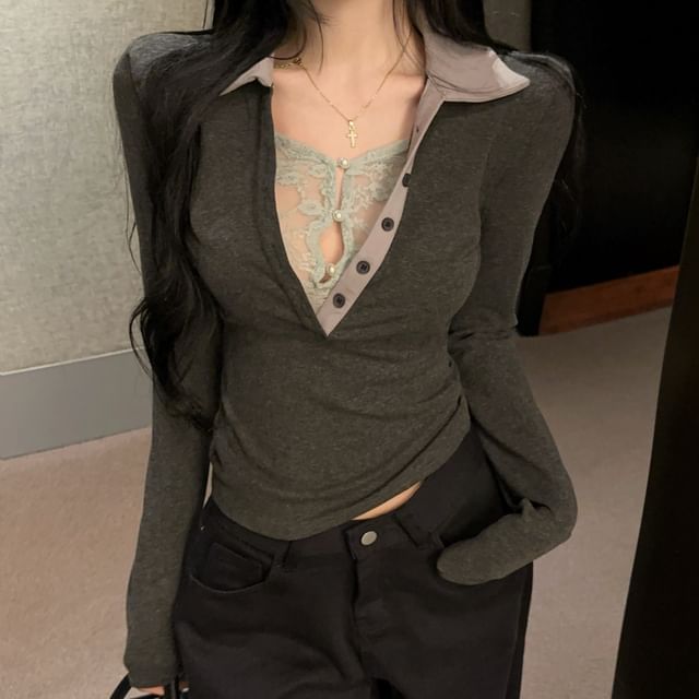 Lace Panel Contrast Collar Polo with Mock Two-Piece
