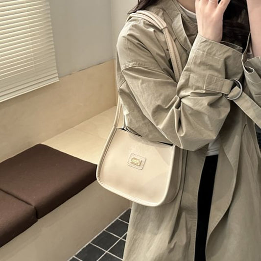 Faux Leather Metal Plaque Shoulder Bag