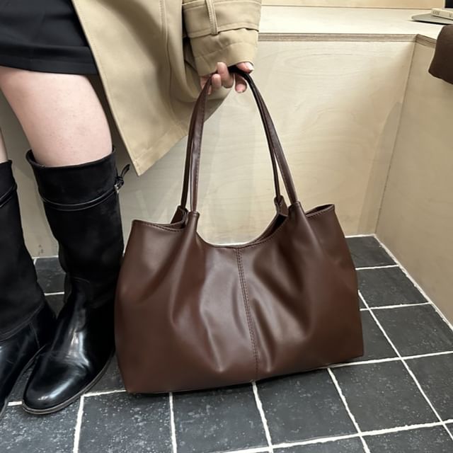 Faux Leather Plain Shoulder Bag