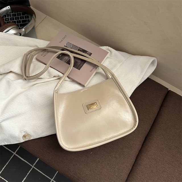 Faux Leather Metal Plaque Shoulder Bag