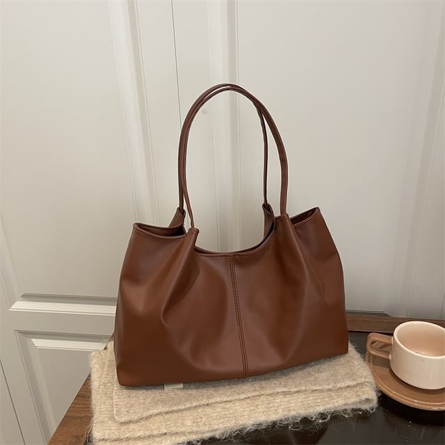 Faux Leather Plain Shoulder Bag