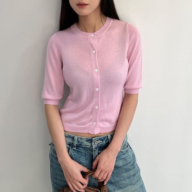 Elbow-Sleeve Crew Neck Cardigan with Buttons, Crop