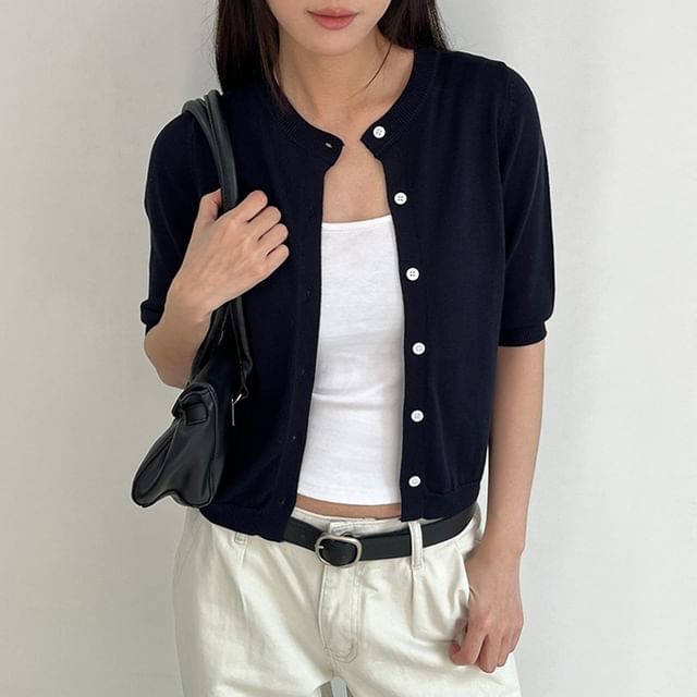 Elbow-Sleeve Crew Neck Cardigan with Buttons, Crop