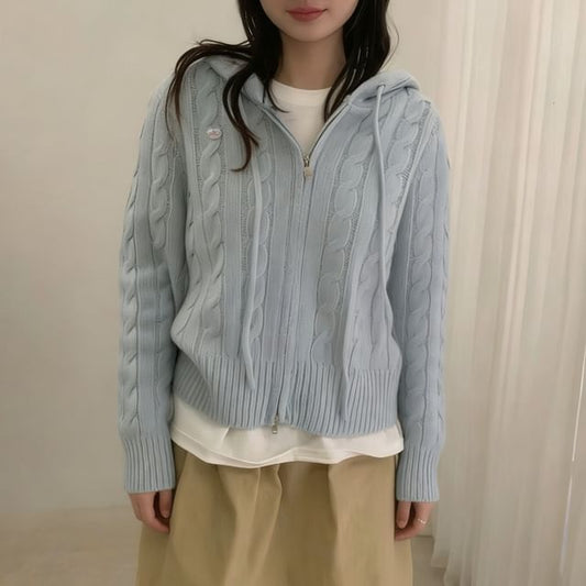 Plain Hooded Cable-Knit Zip Cardigan
