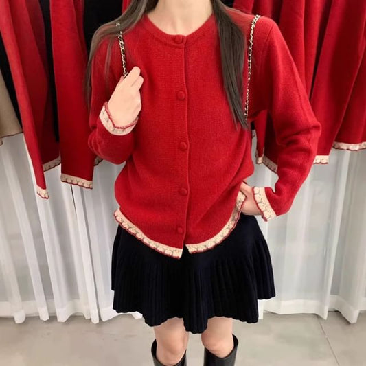 Crew Neck Plain Ruffle Cardigan