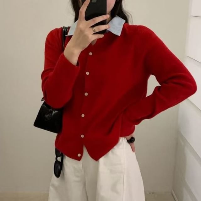 Collar Plain Mock Two-Piece Cardigan
