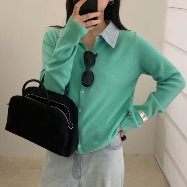 Collar Plain Mock Two-Piece Cardigan