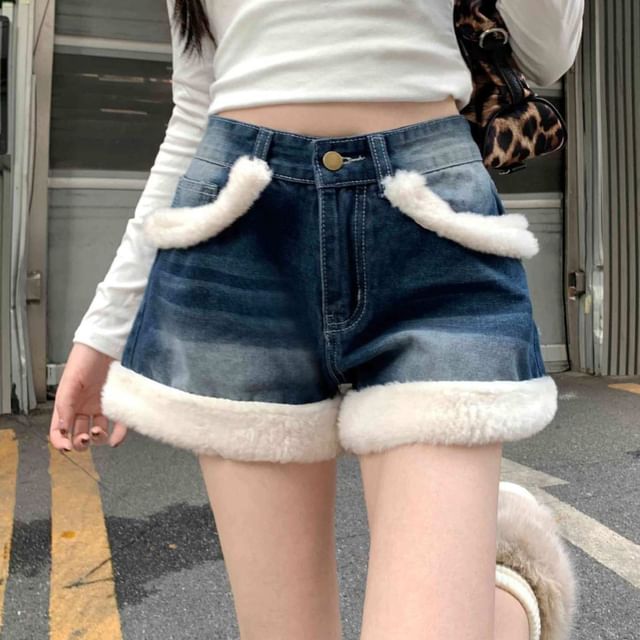 Mid Rise Fleece Washed Denim Shorts