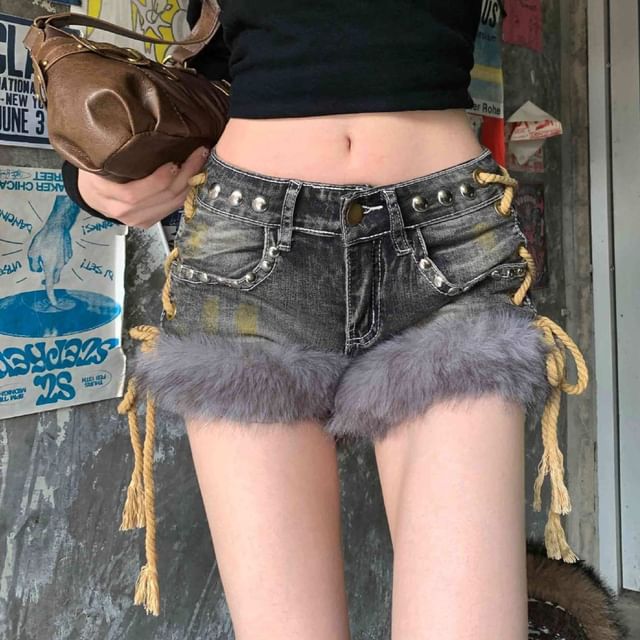 Low Rise Washed Fluffy Trim Studded Denim Shorts