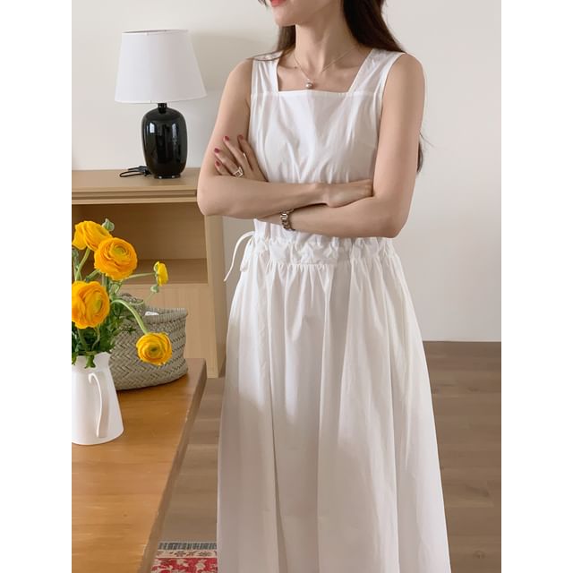 Sleeveless Square Neck Plain Drawstring Maxi Sundress