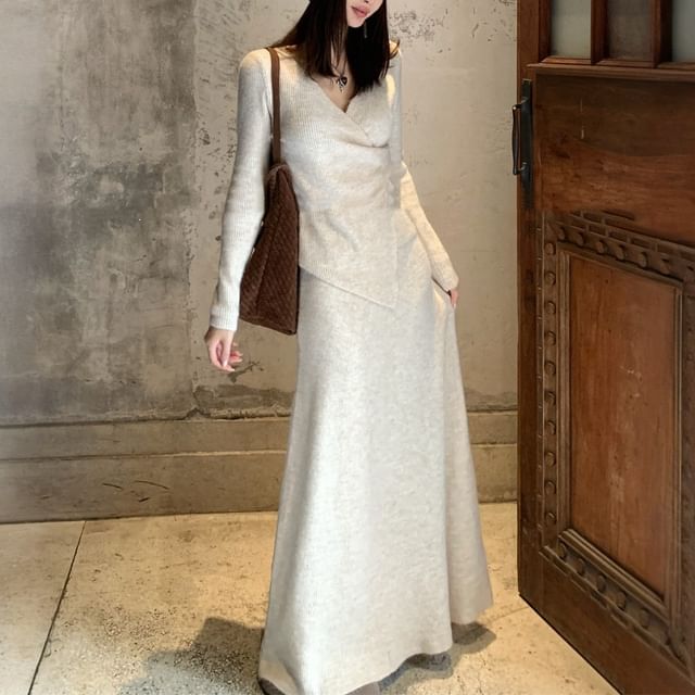 V-Neck Knit Top and Maxi A-Line Skirt Set with Scarf