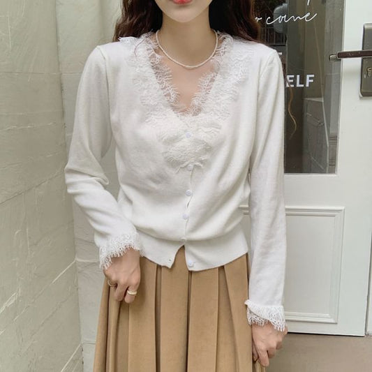 V-Neck Plain Lace Trim Button Up Cardigan