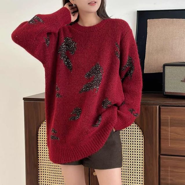 Glittering Crewneck Sweater with All-Over Shine