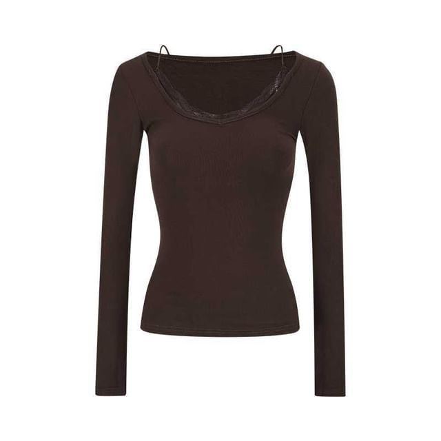 Slim Fit Lace Panel V-Neck Tee with Mock Two-Piece Design