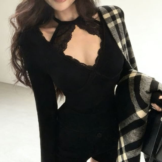 Plain V-Neck Tee with Lace Trim and Long Sleeves