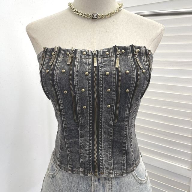 Multi-Zipper Studded Denim Strapless Corset