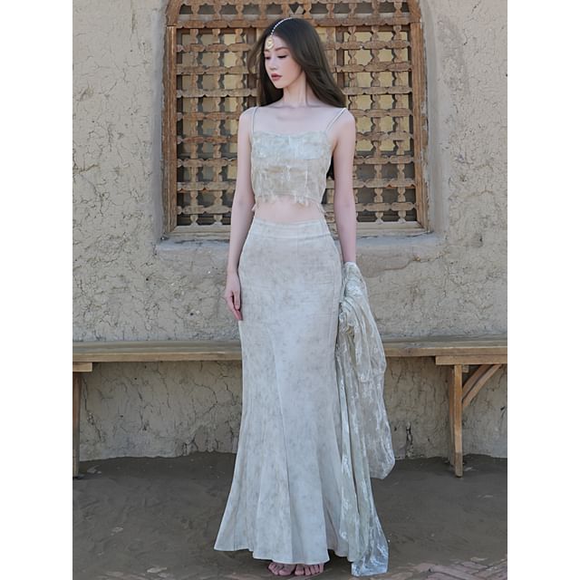 Lace Jacket, Crop Camisole, and Maxi Skirt Set