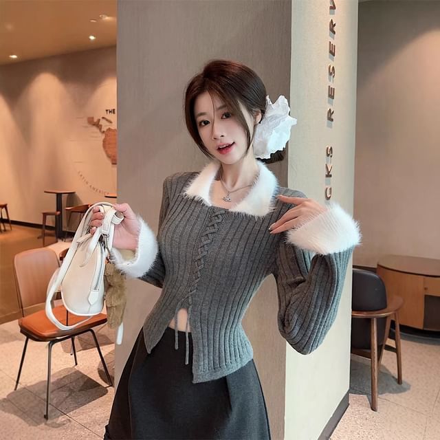 Collared Ribbed Knit Top with Two-Tone Lace-Up Panel