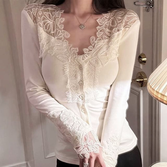Button Panel Lace Top with V-Neck and Long Sleeves