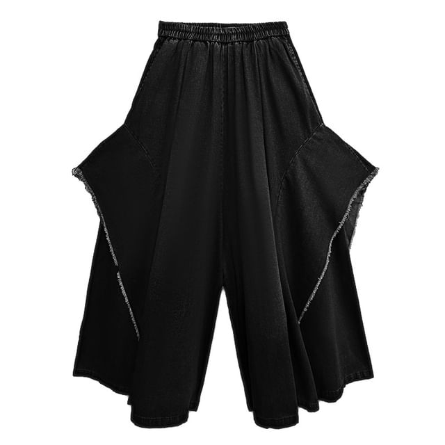Elastic Waist Washed Frayed Slit Denim Culottes