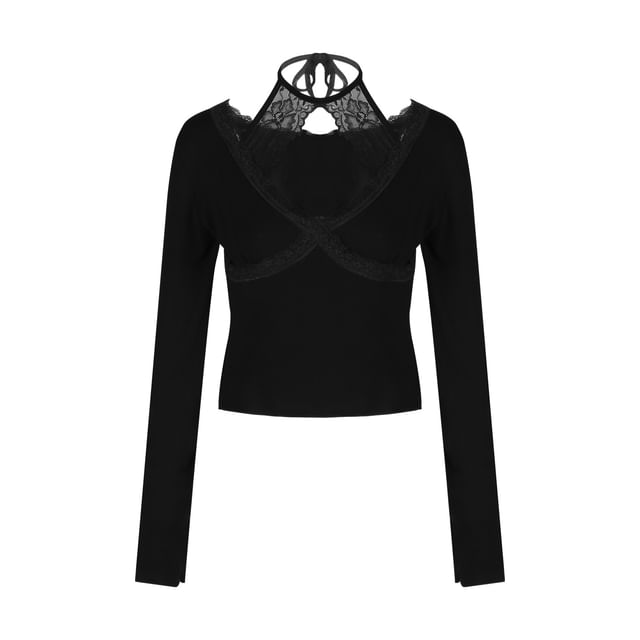 Halter Lace Top with Panel Detail and Long Sleeves