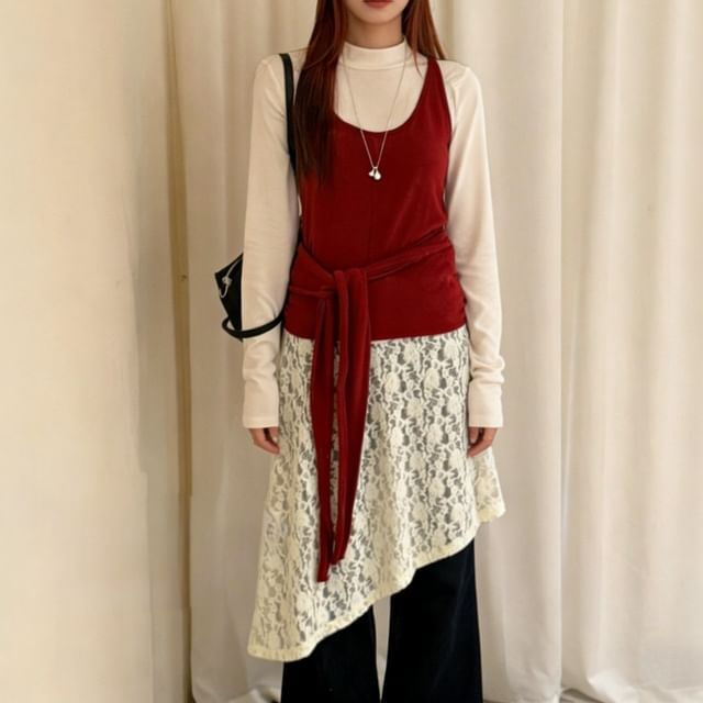 Long Sleeve Mock Neck Tee, Scoop Neck Tie-Waist Camisole, and Floral Lace A-Line Skirt Set