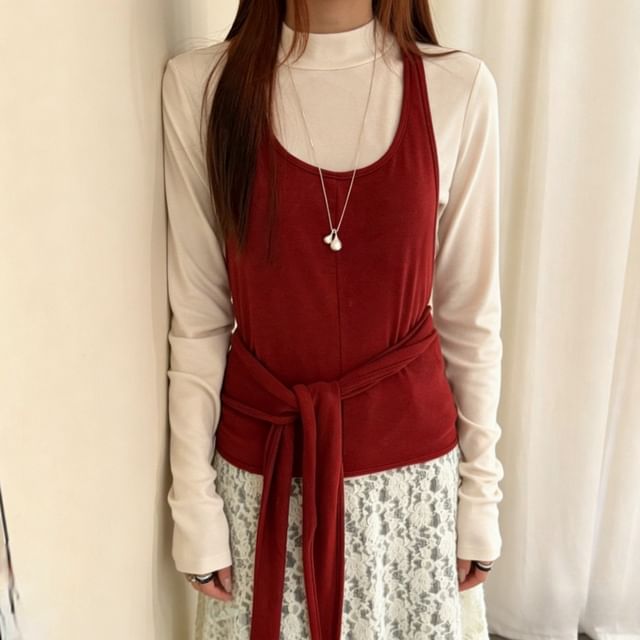 Long Sleeve Mock Neck Tee, Scoop Neck Tie-Waist Camisole, and Floral Lace A-Line Skirt Set