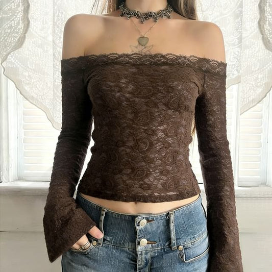 Off-Shoulder Crop Tee with Lace Detail and Long Sleeves
