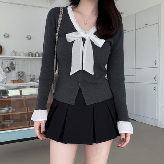 Knit Top with Lace Trim V-Neck and Button Closure