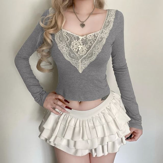 Square-Neck Tee with Lace Trim and Long Sleeves