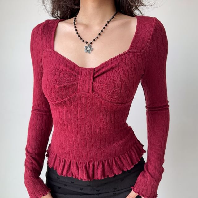 V-Neck Cropped Long-Sleeve Top in Solid Tone