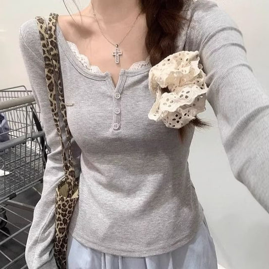 Mock Two-Piece Long Sleeve Lace Top