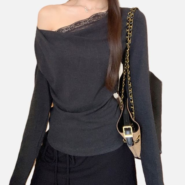 Off Shoulder Long Sleeve Lace Trim Top