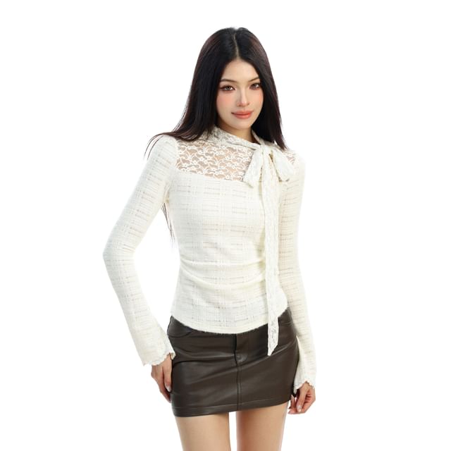 Long Sleeve Lace Panel Plain Top