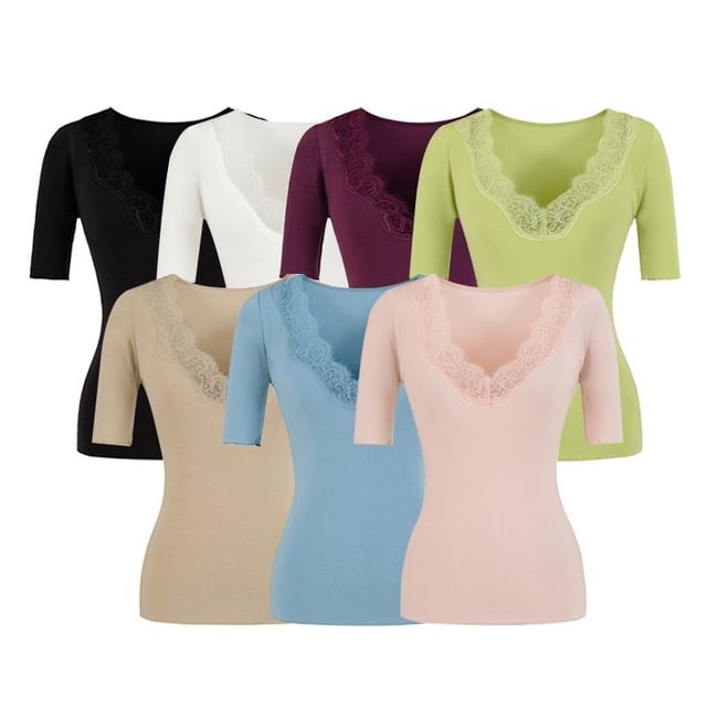 Lace Trim V-Neck Short-Sleeve Top