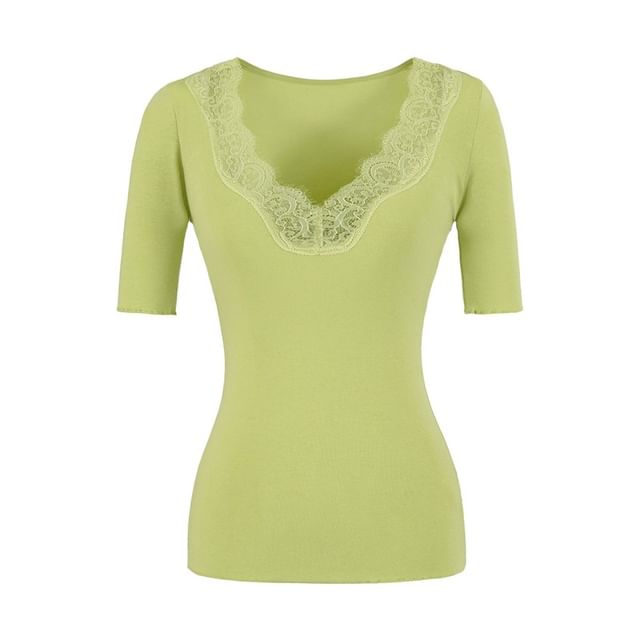 Lace Trim V-Neck Short-Sleeve Top