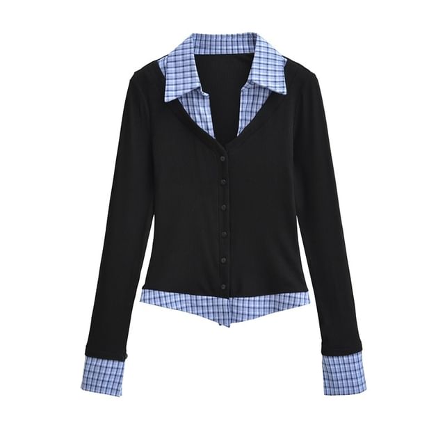 Collared Plaid Panel Long-Sleeve Mock Two-Piece