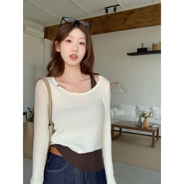 Two-Tone Asymmetrical Crewneck Knit Top with Long Sleeves