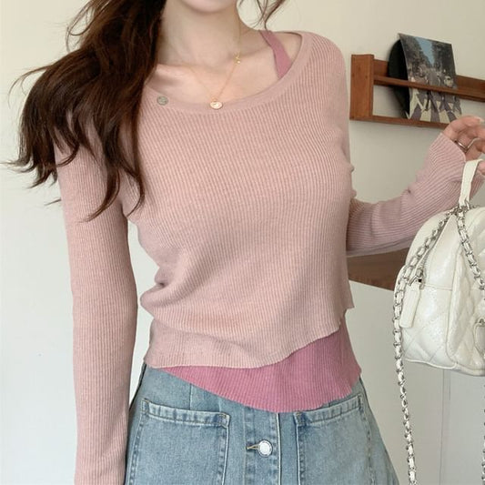 Two-Tone Asymmetrical Crewneck Knit Top with Long Sleeves
