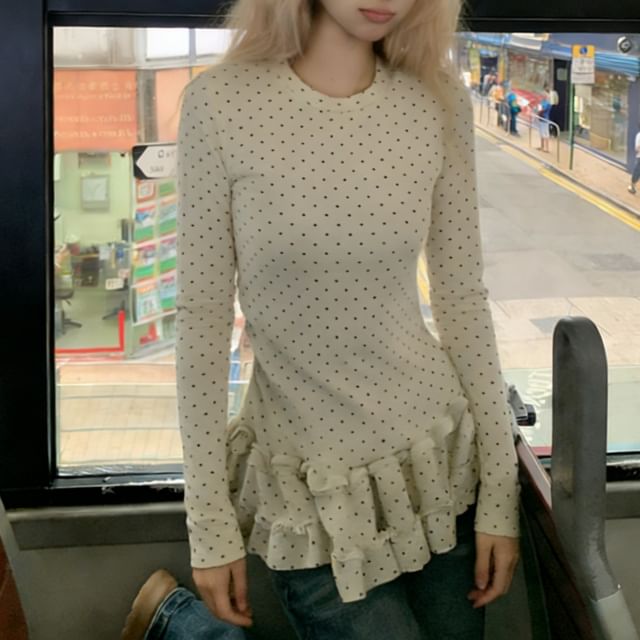 Dotted Ruffled Round-Neck Long-Sleeve Top