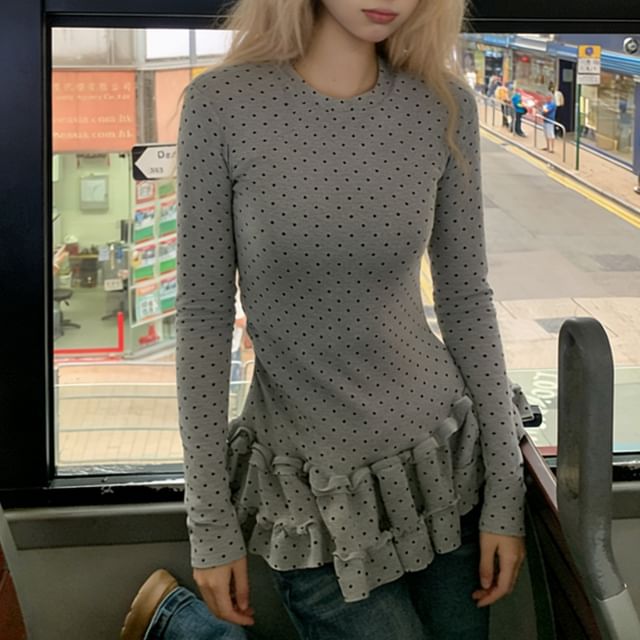 Dotted Ruffled Round-Neck Long-Sleeve Top