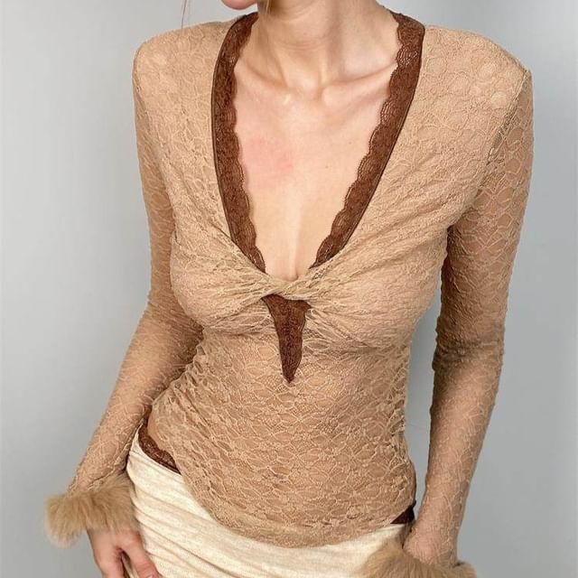 V-Neck Fluffy Cuff Lace Trim Shirred Tee