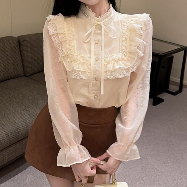 Stand-Collar Long-Sleeve Blouse with Lace Ruffle