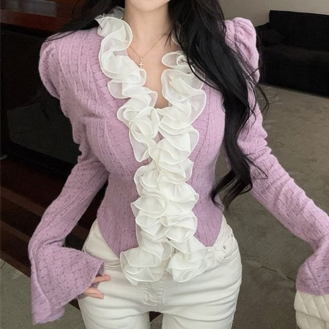 V-Neck Ruffle Trim Lace Fitted Crop Top