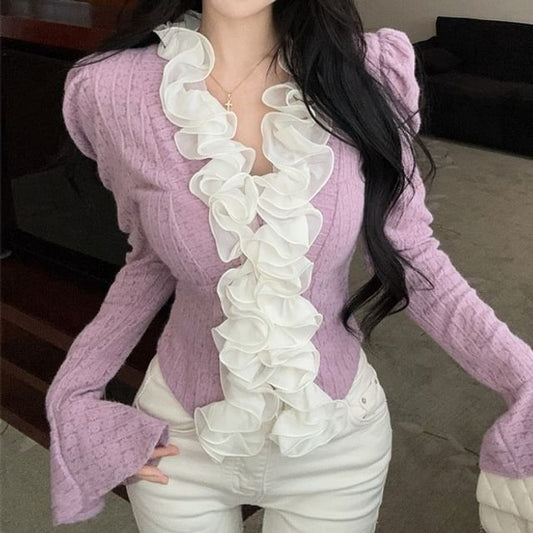 Ruffle-Trim Long-Sleeve Lace Crop Top, V-Neck