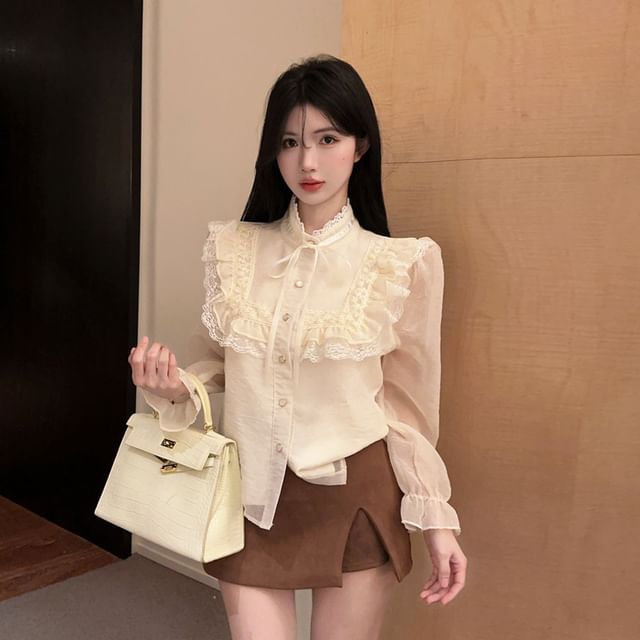 Stand Collar Lace Panel Ruffle Trim Button-Up Blouse