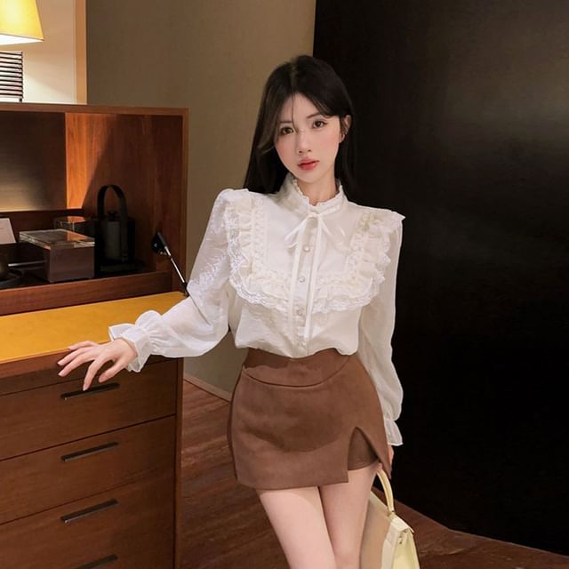 Stand-Collar Long-Sleeve Blouse with Lace Ruffle